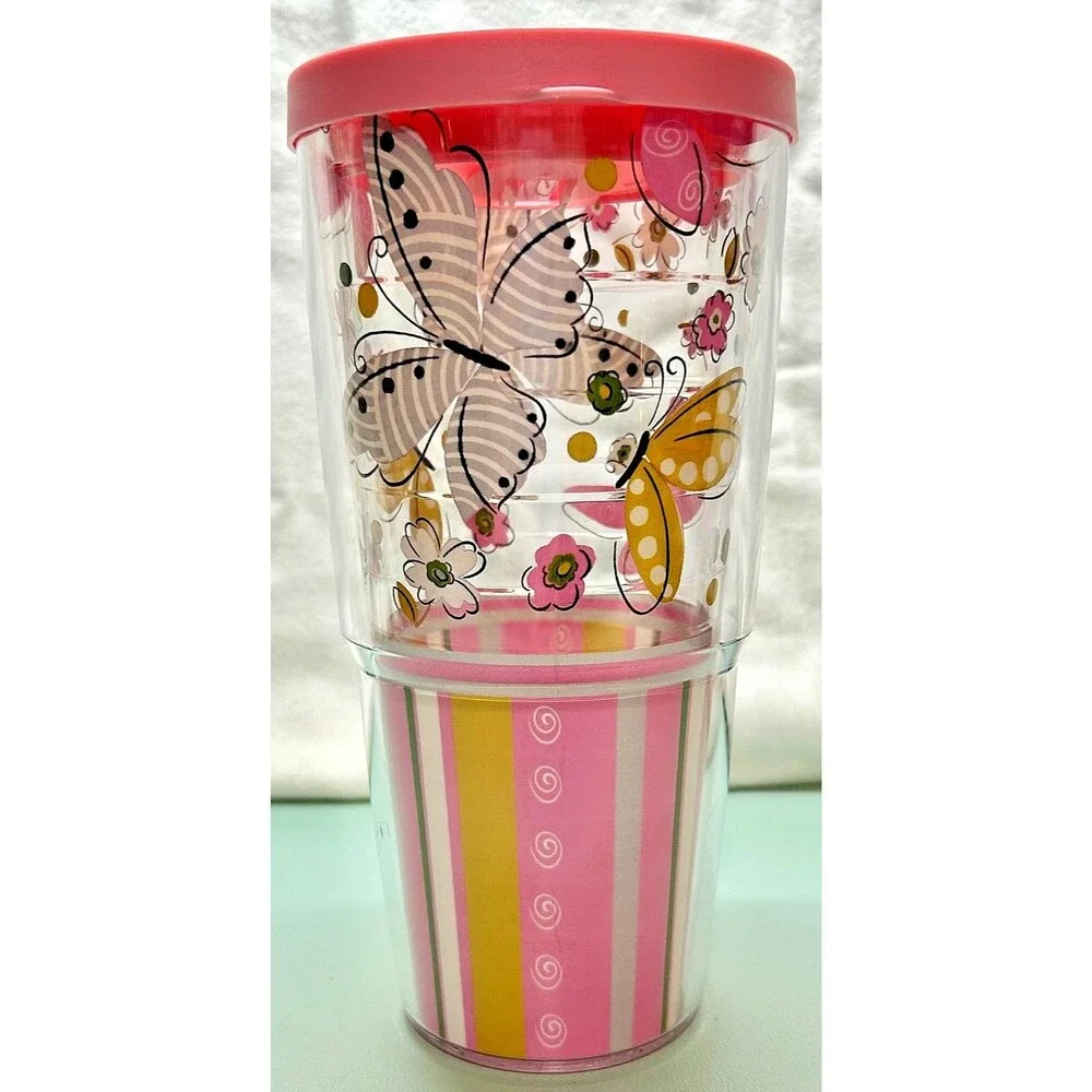 24 oz Tervis Tumbler with Pink Lid and Pink, Yellow Butterflies and Flowers
